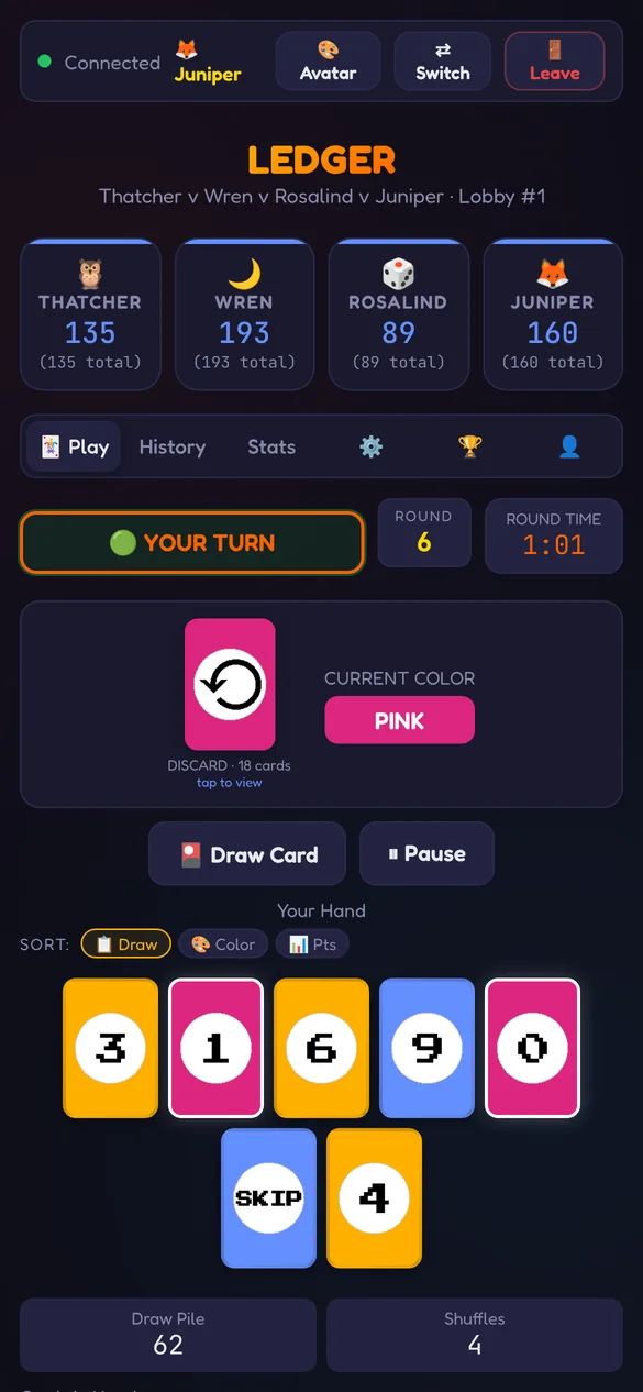 Ledger on a phone: four players at the table, a hand of colored number cards, draw and pause buttons